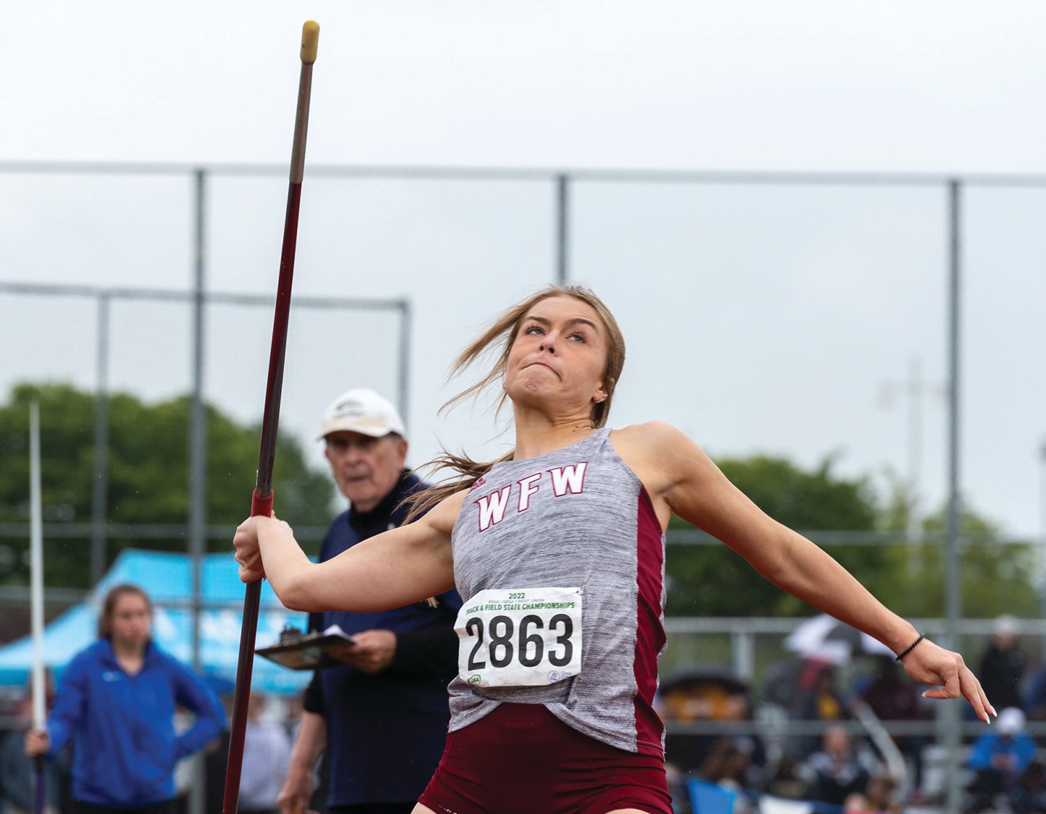 W.F. West's Kyla McCallum throws a javelin in the 2A Girls Javelin at the 2A/3A/4A State Track and Field Championships on Thursday, May 26, 2022, at Mount Tahoma High School in Tacoma. (Joshua Hart/For The Chronicle)